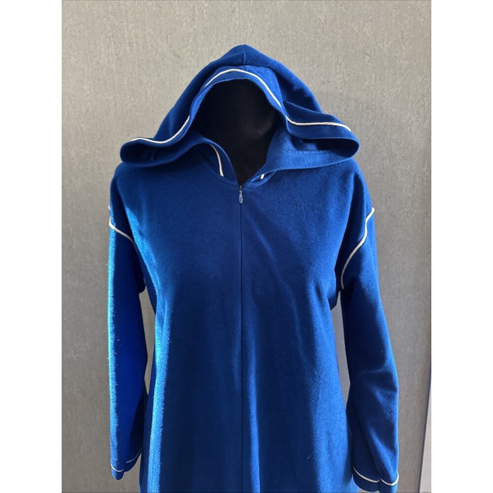 Vtg Royal Blue Fleece Zip Front Hooded Robe House Dress Lounger Piping Medium